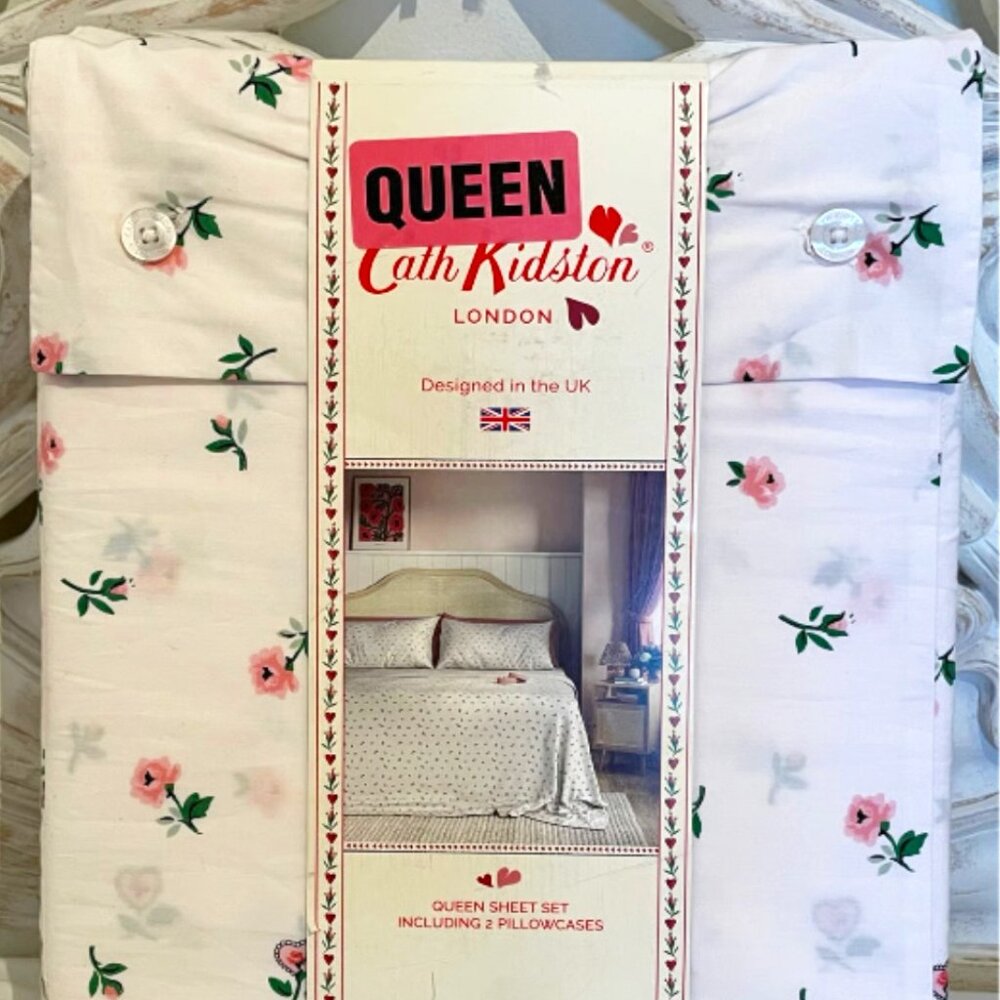 Cath Kidston Lace Ditsy Pink Queen Size Sheet Set | Cotton Percale Cream Bkgd
